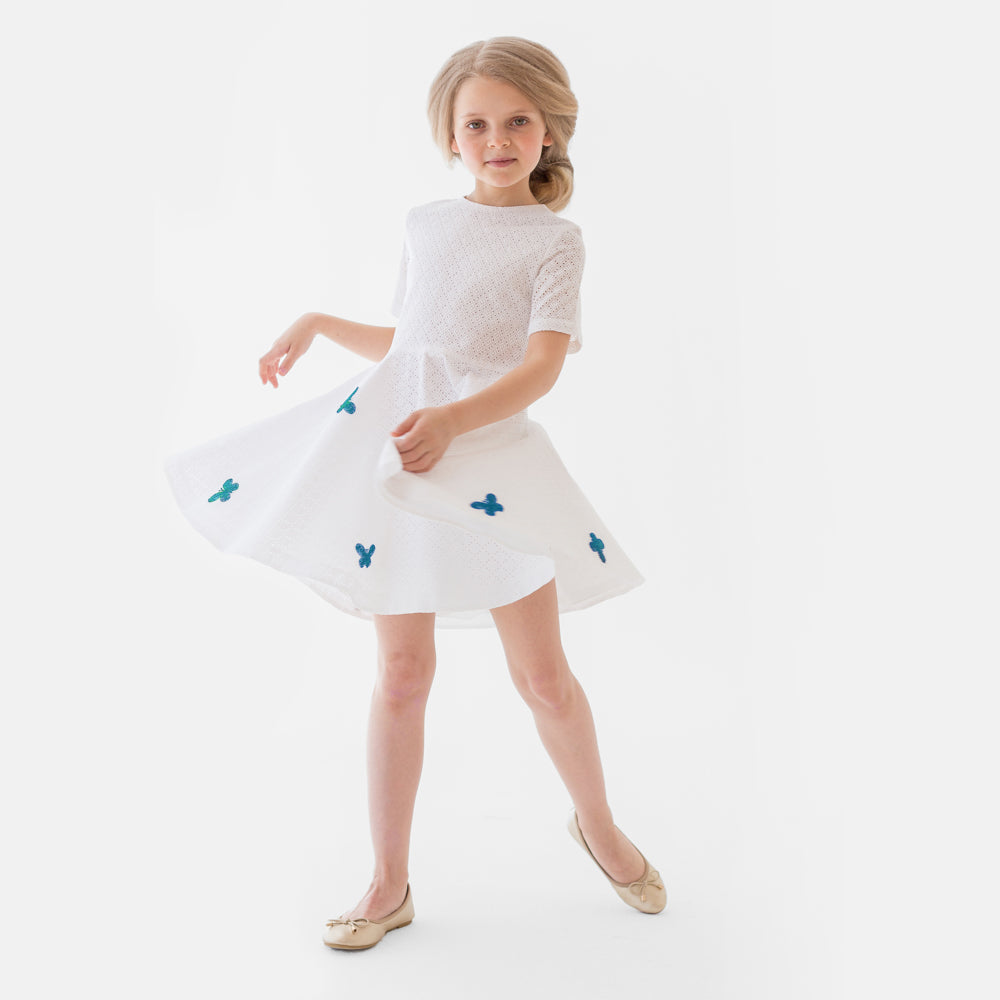 Turquoise Butterflies Perforated Dress in White
