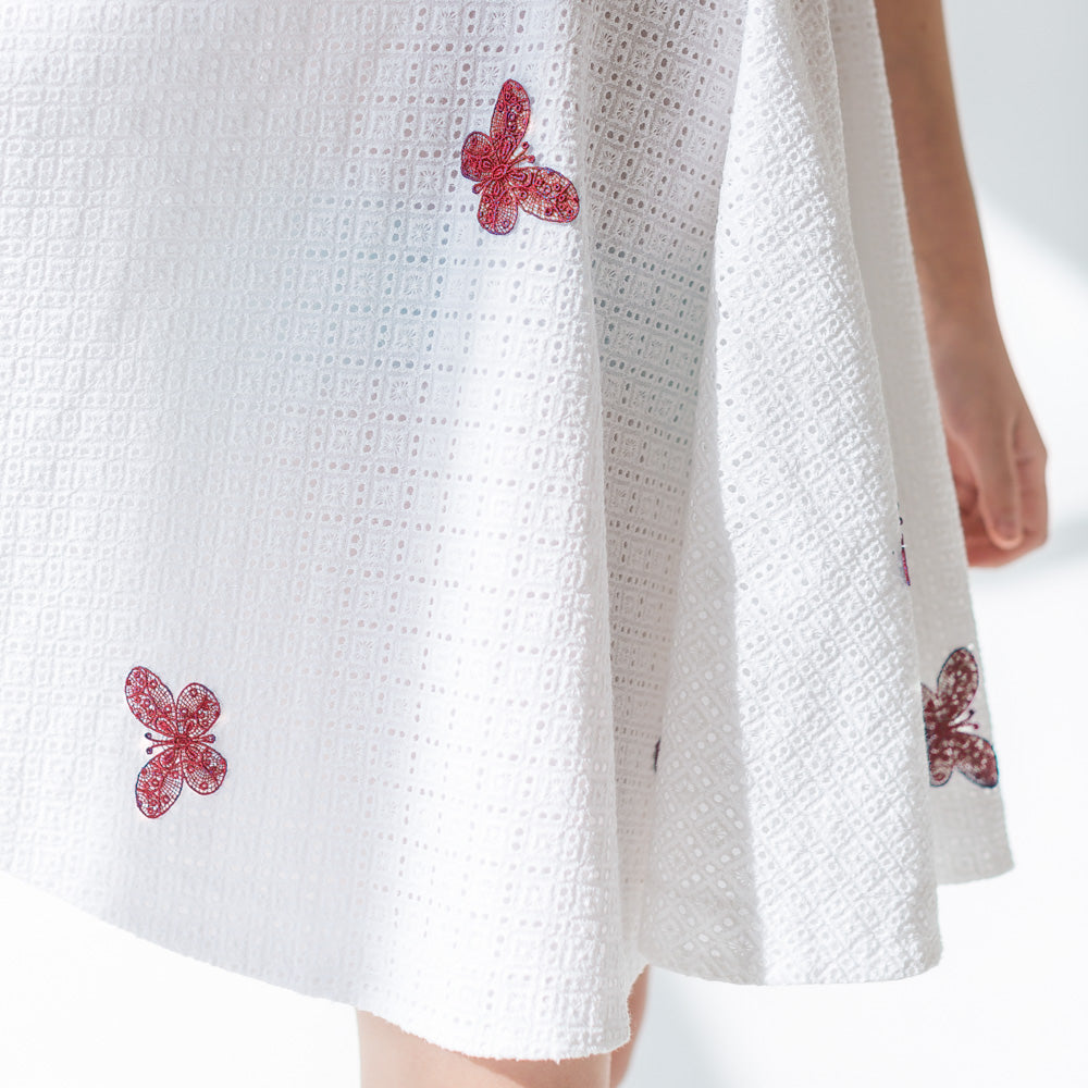 Red Butterflies Perforated Dress in White