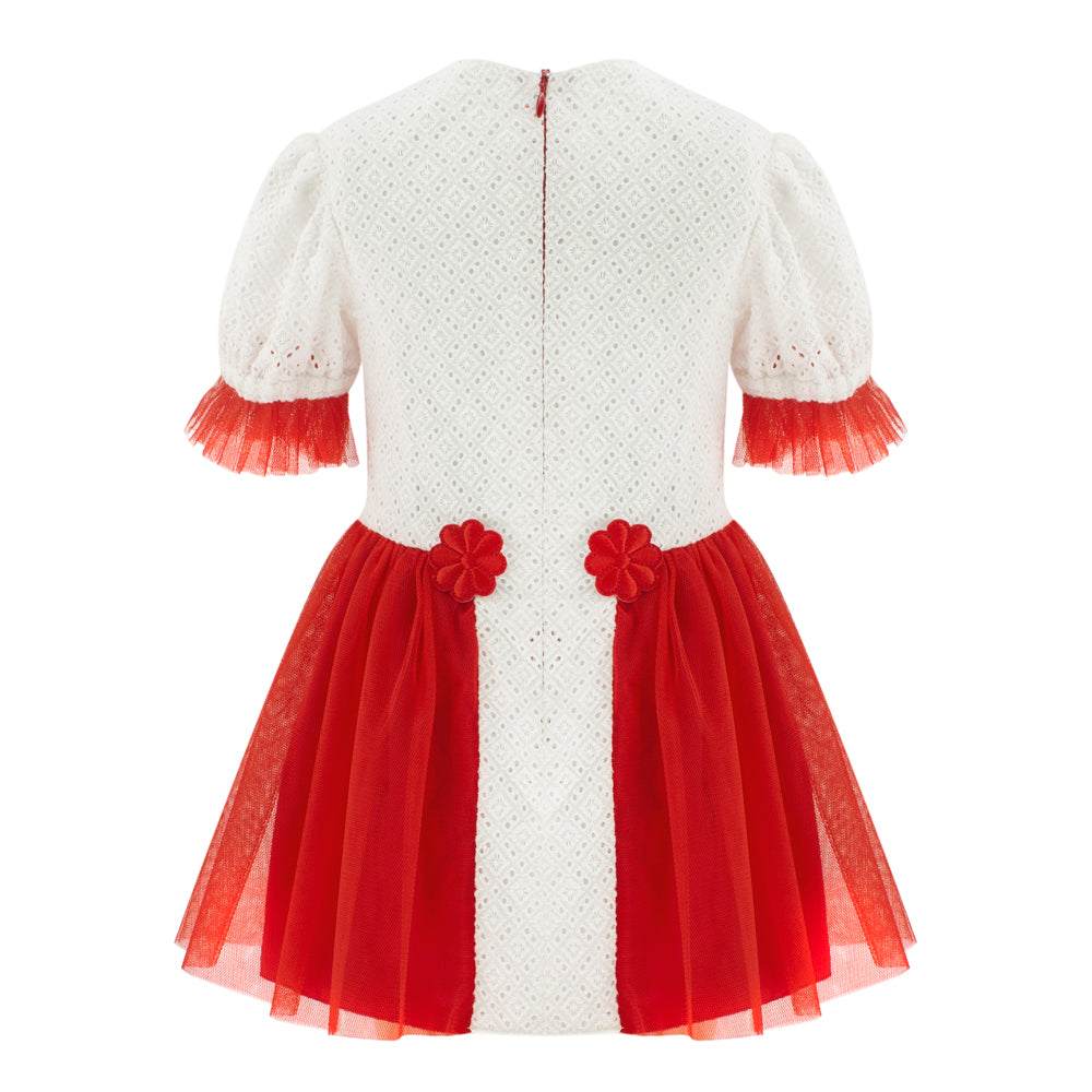 Flower Detailing Perforated Dress in White and Red