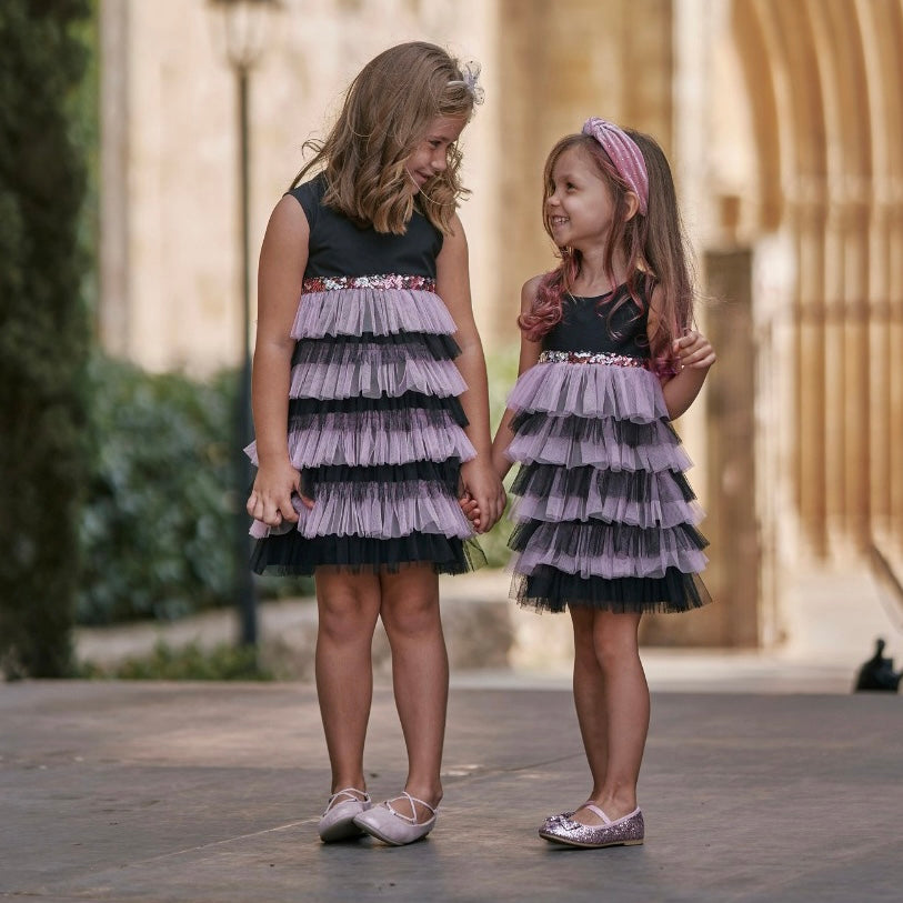 Ruffled Mesh Dress in Pink and Black