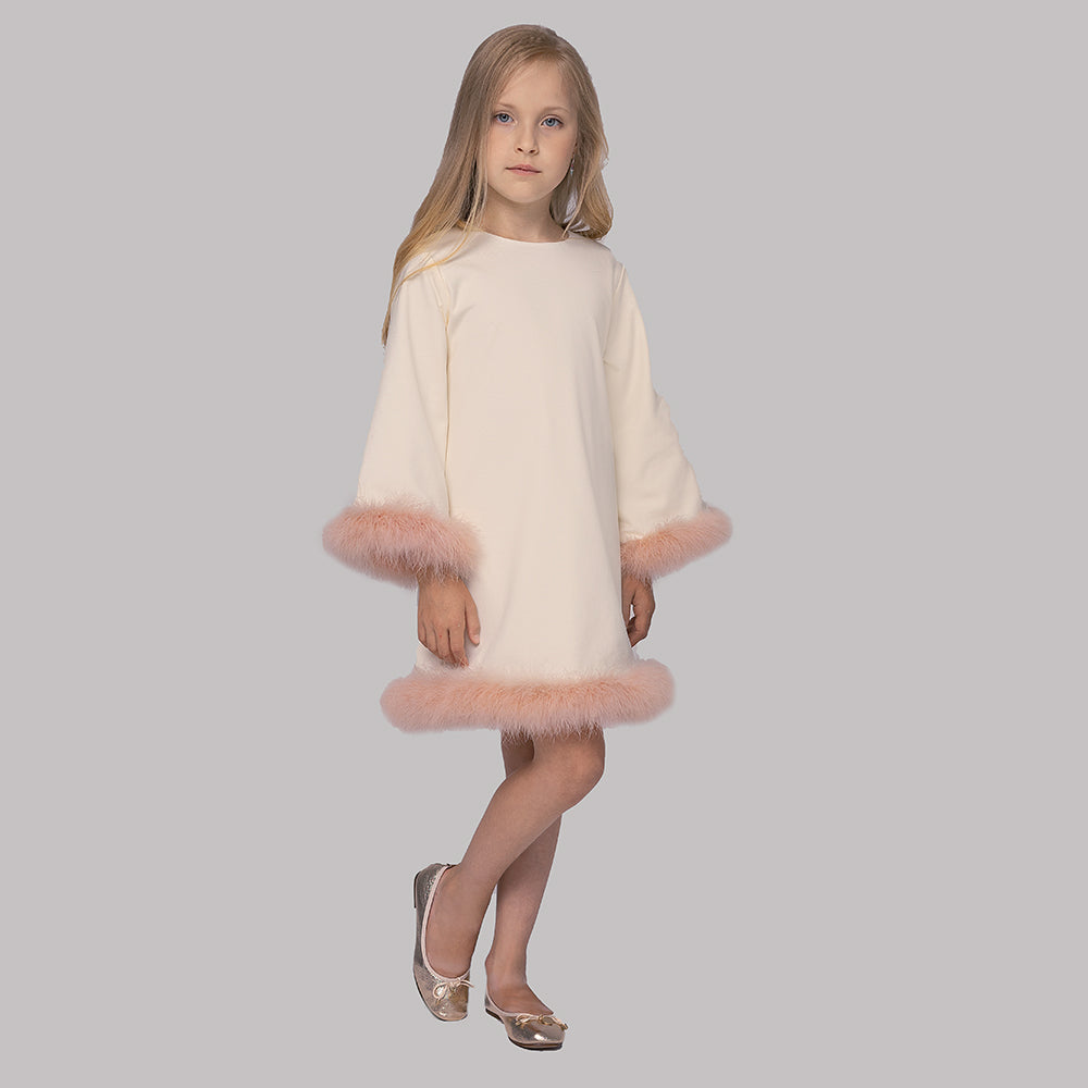 Marabou Fluff Trim Elegant Dress in White