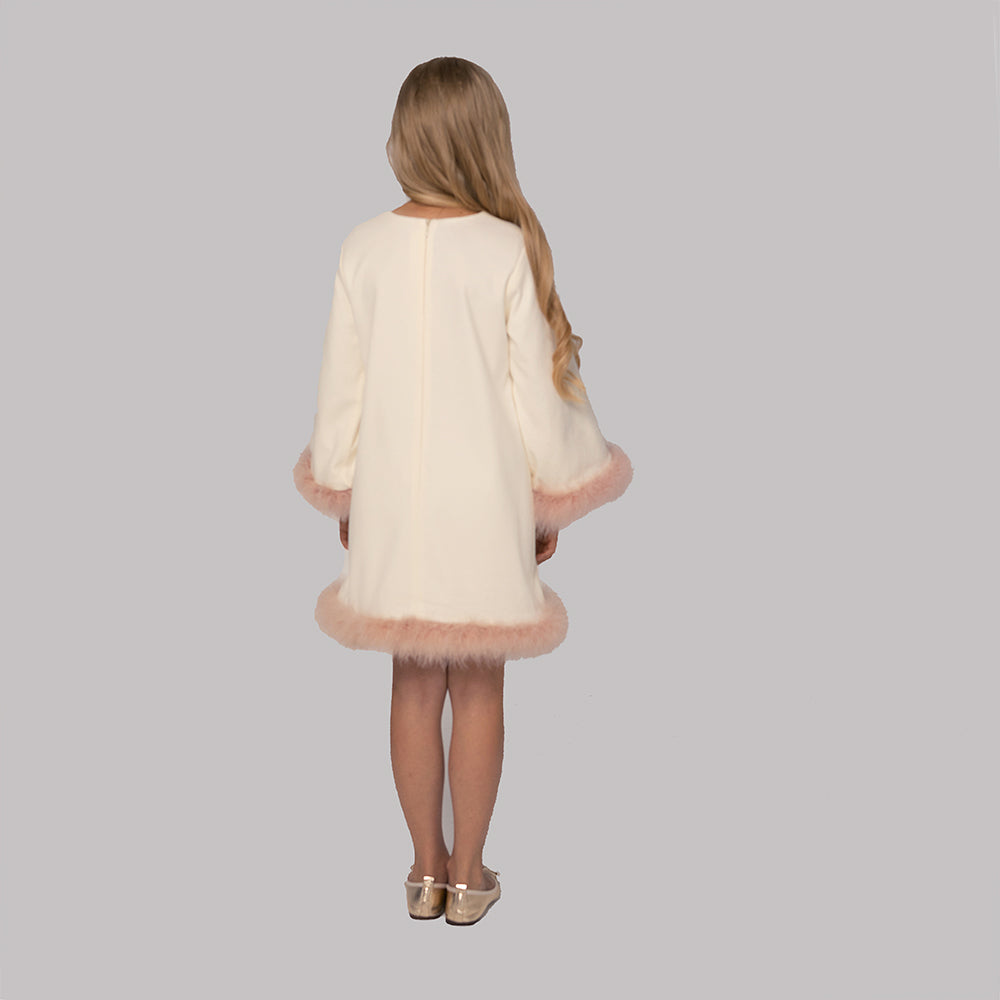 Marabou Fluff Trim Elegant Dress in White