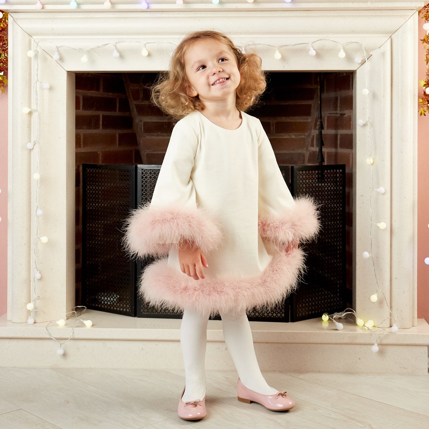 Marabou Fluff Trim Elegant Dress in White