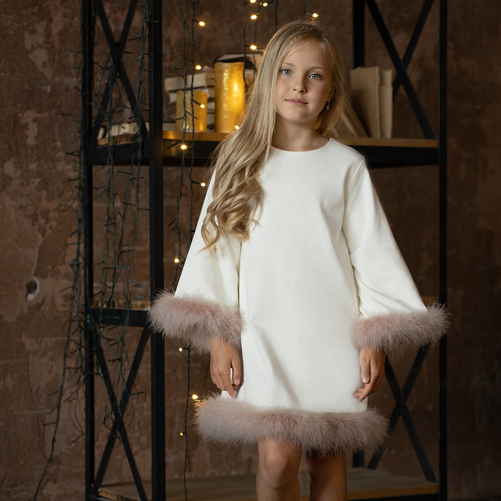 Marabou Fluff Trim Elegant Dress in White