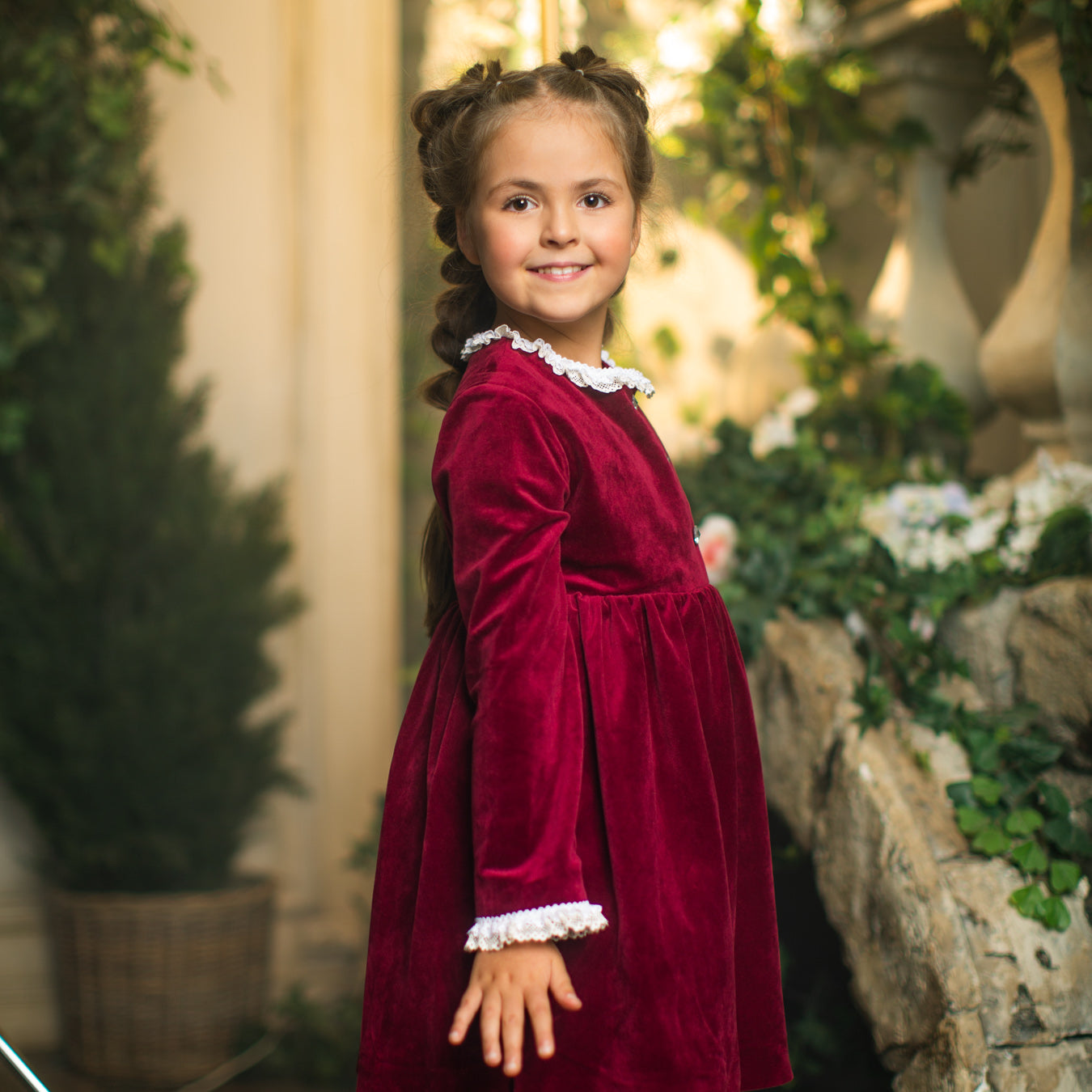 Lace Collar Velour Dress in Burgundy