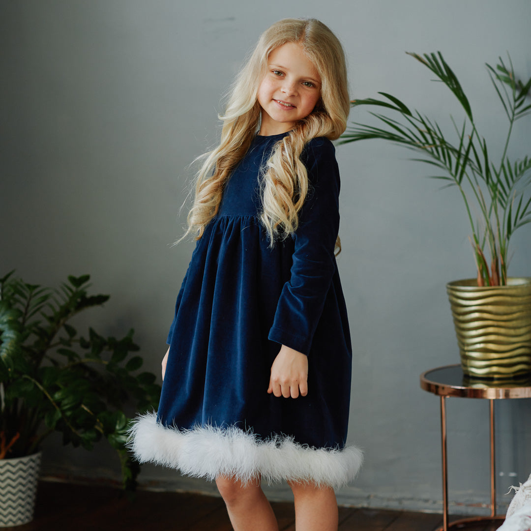 Marabou Fluff Trim Elegant Dress in Blue