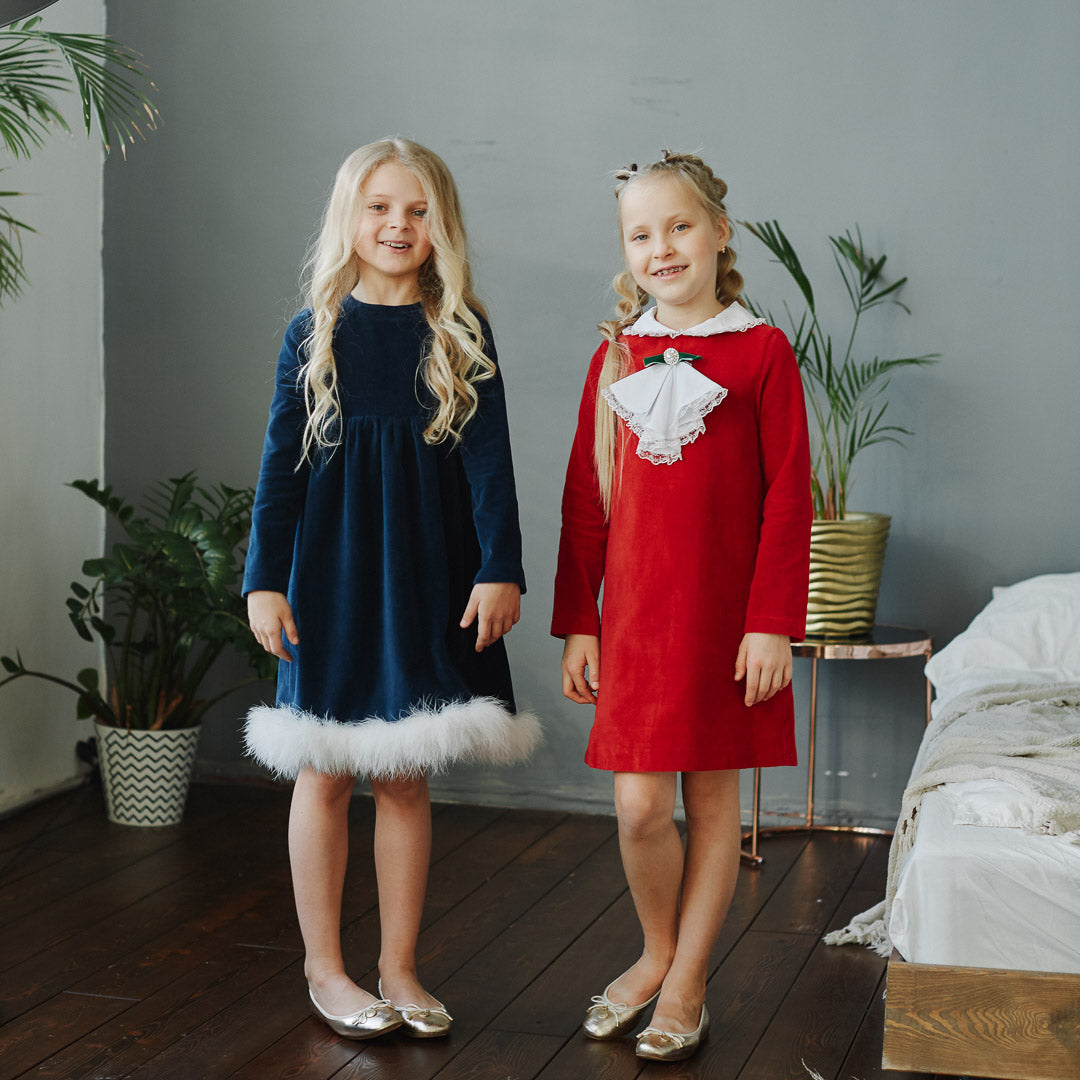 Green Bow Velour Dress in Red