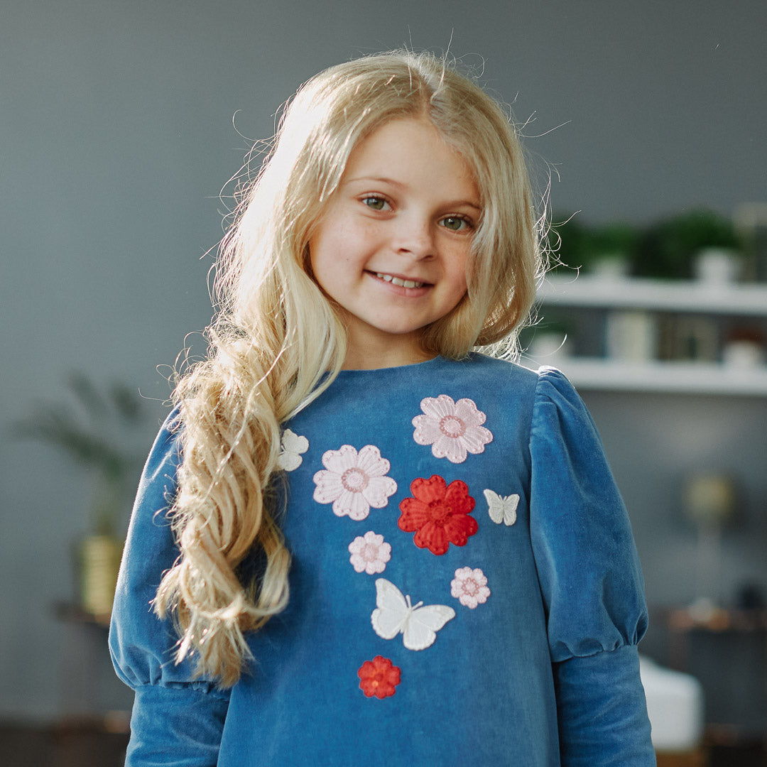 Flowers Velour Dress in Blue