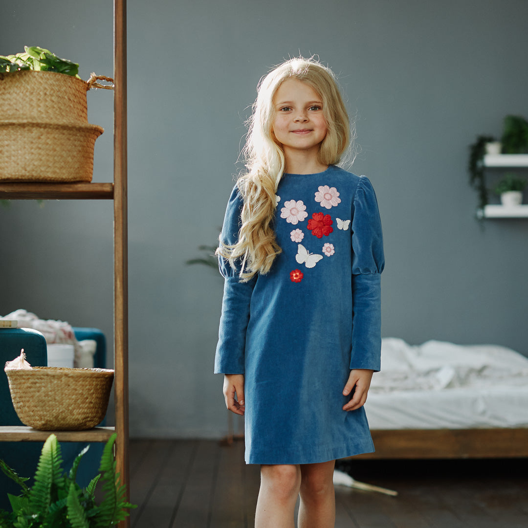 Flowers Velour Dress in Blue