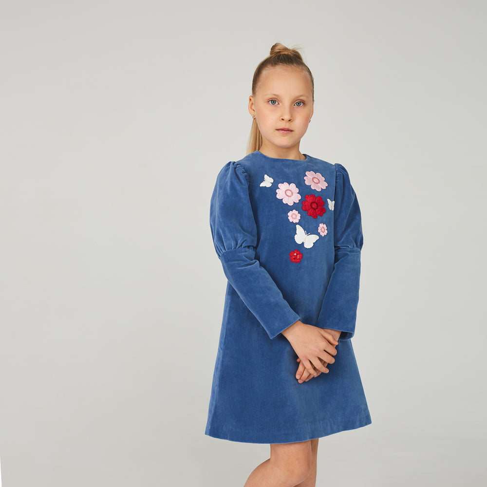 Flowers Velour Dress in Blue