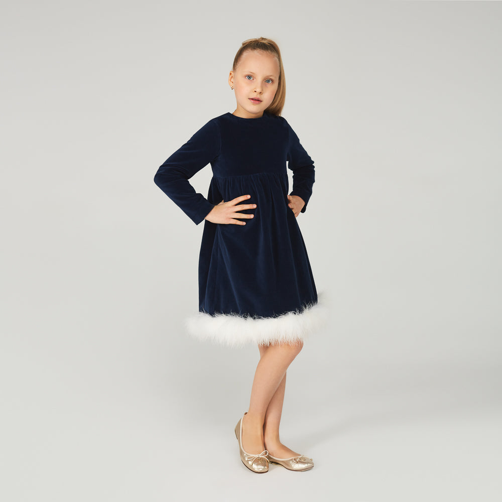 Marabou Fluff Trim Elegant Dress in Blue