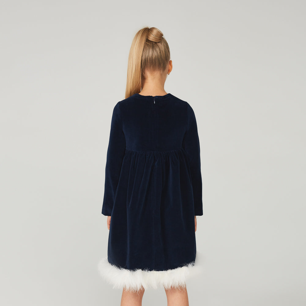Marabou Fluff Trim Elegant Dress in Blue