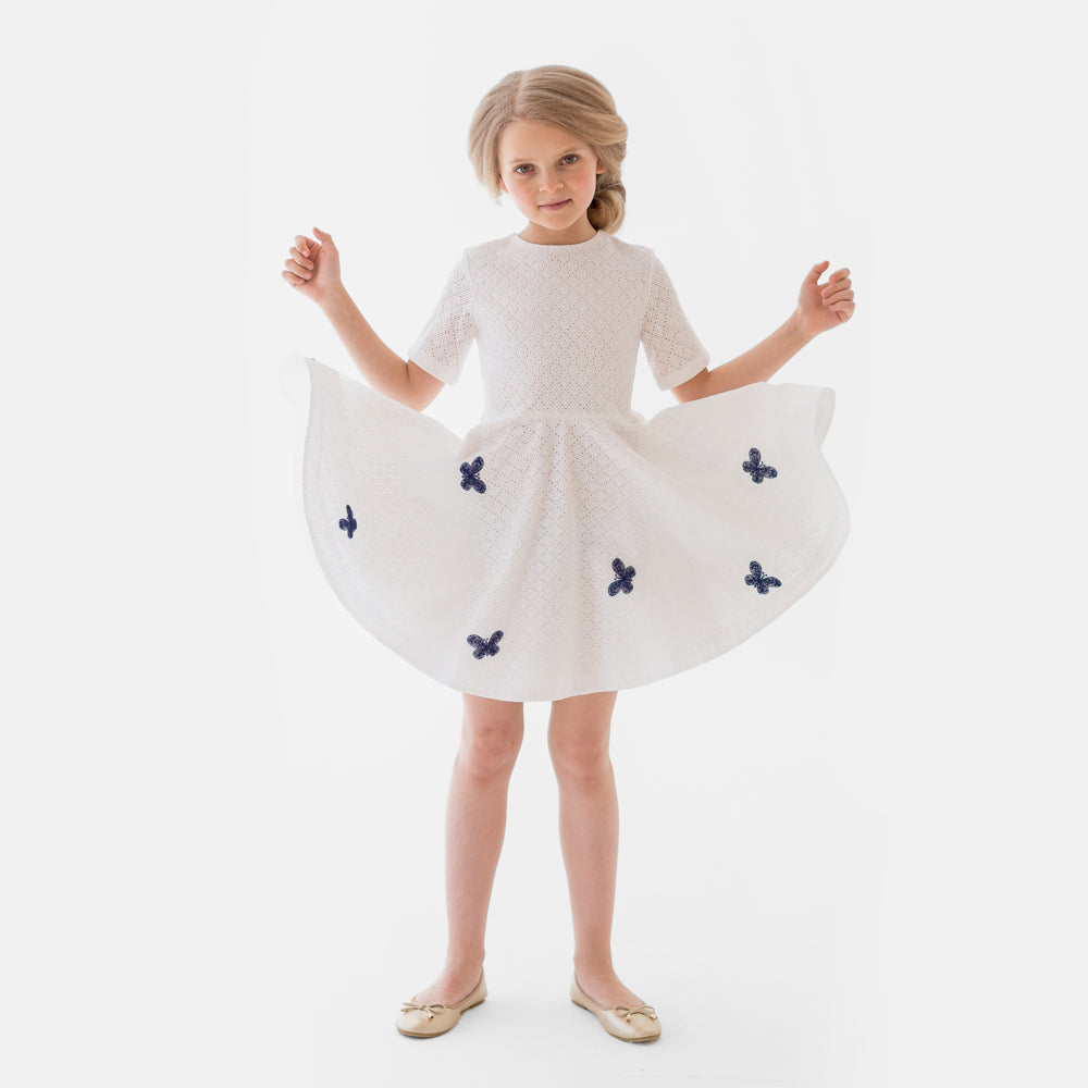 Blue Butterflies Perforated Dress in White