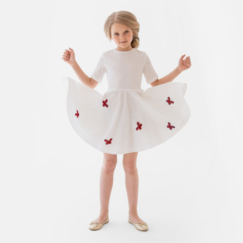 Red Butterflies Perforated Dress in White
