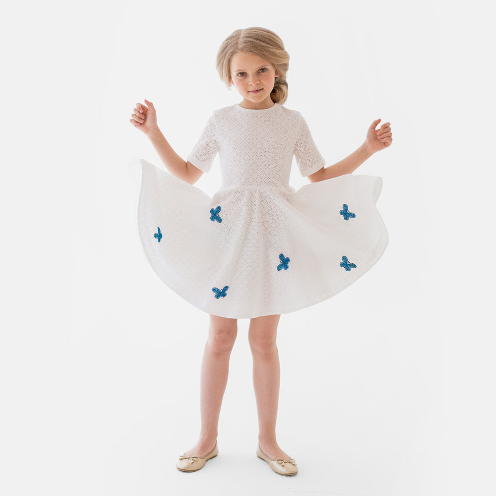 Turquoise Butterflies Perforated Dress in White