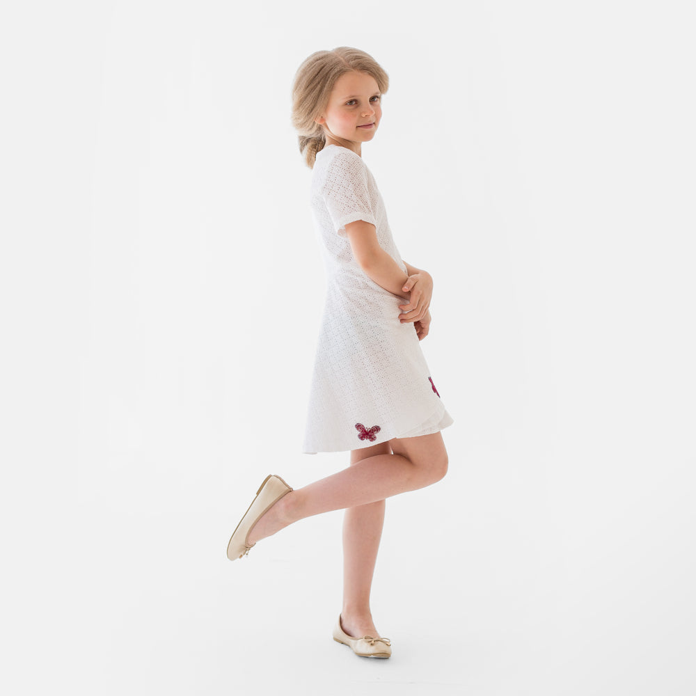 Red Butterflies Perforated Dress in White
