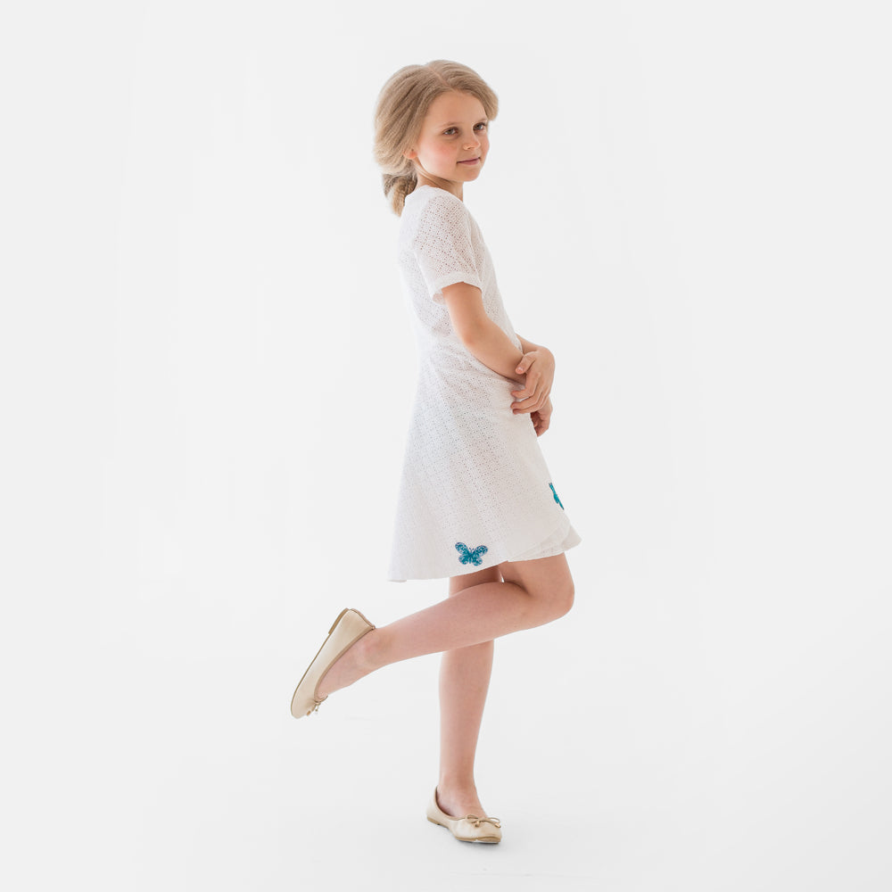 Turquoise Butterflies Perforated Dress in White