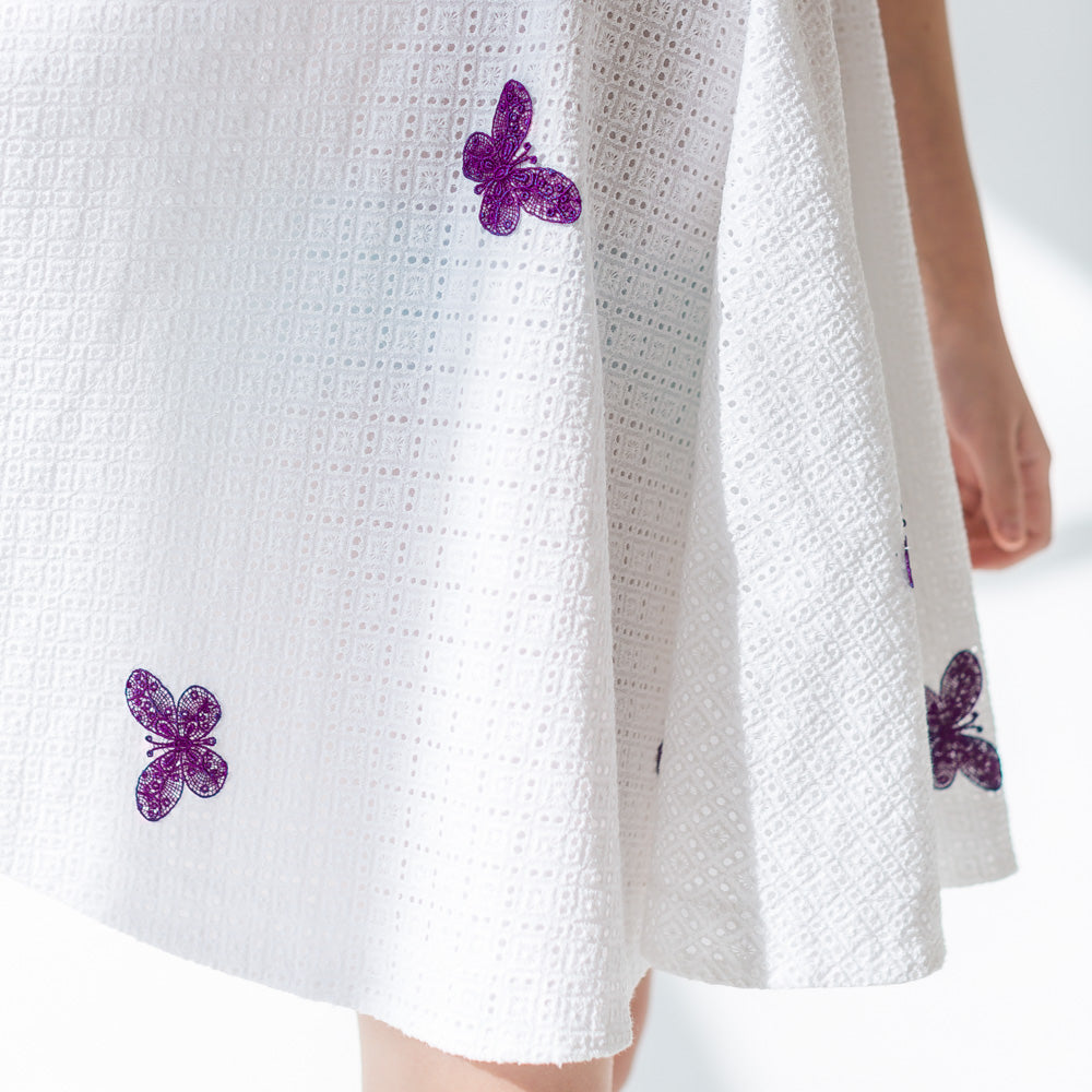 Purple Butterflies Perforated Dress in White