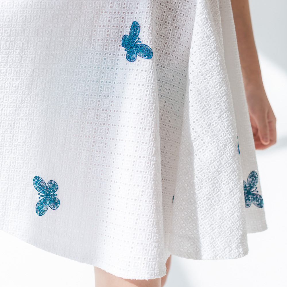 Turquoise Butterflies Perforated Dress in White