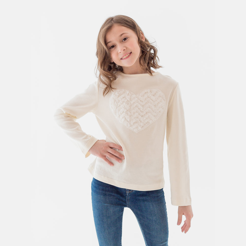 Fluffy Heart Long-Sleeved T-Shirt in White
