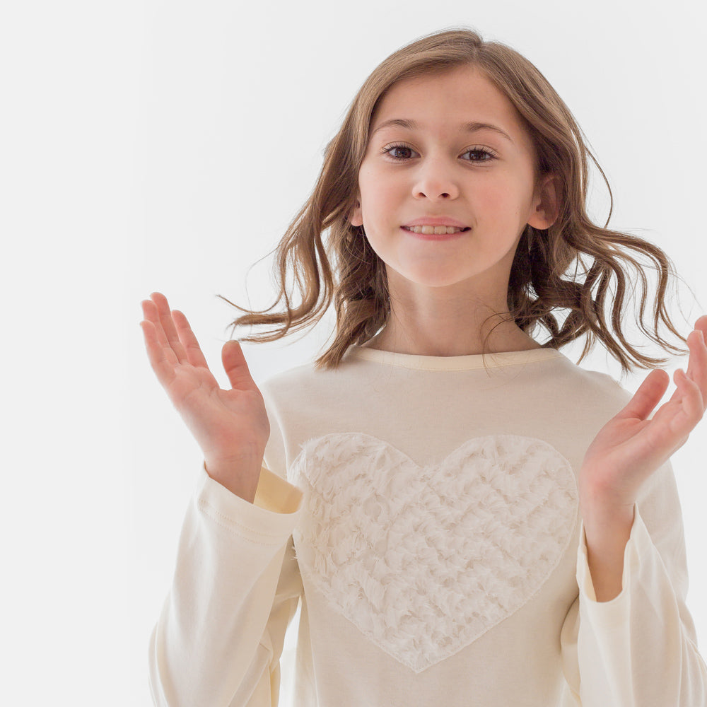 Fluffy Heart Long-Sleeved T-Shirt in White