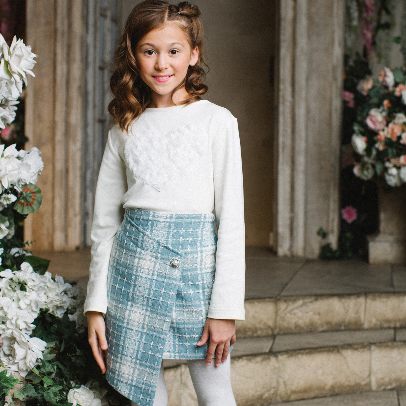 Shiny Detailing Tartan Skirt in Light Blue