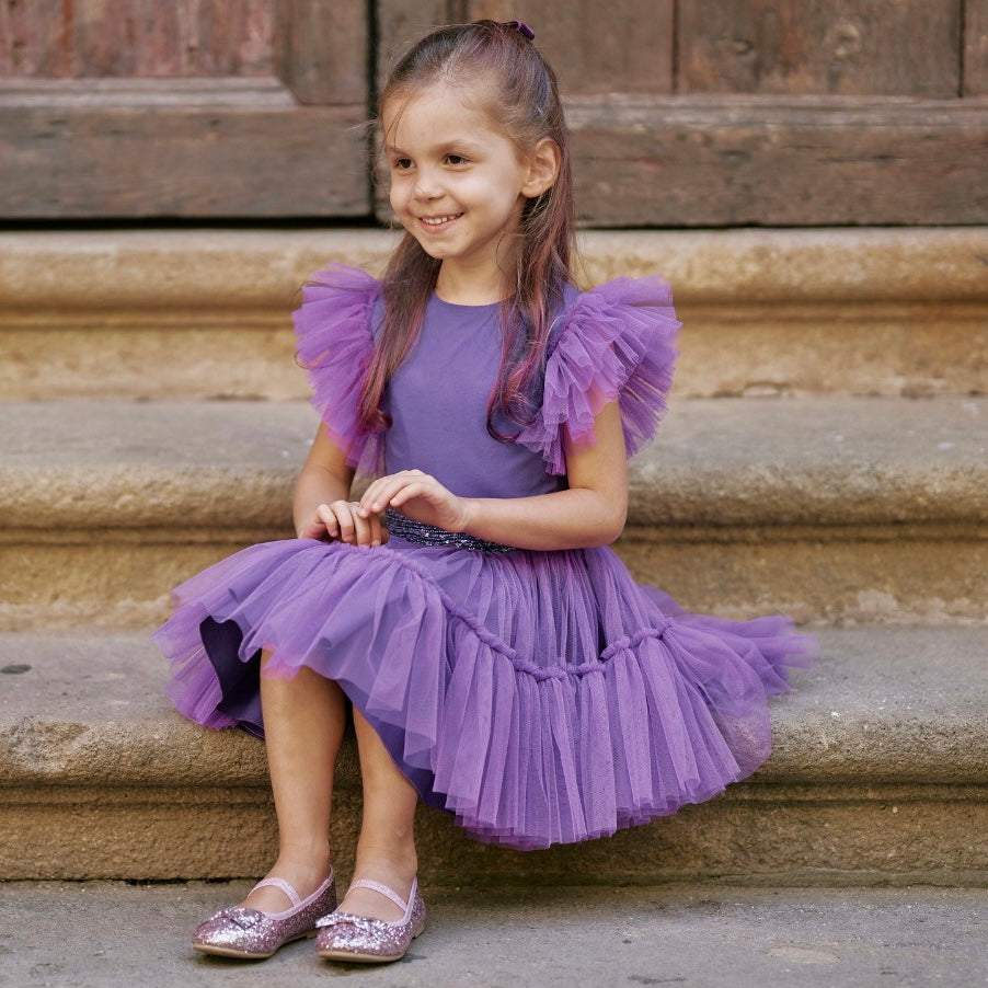 Ruffled Mesh Dress in Purple
