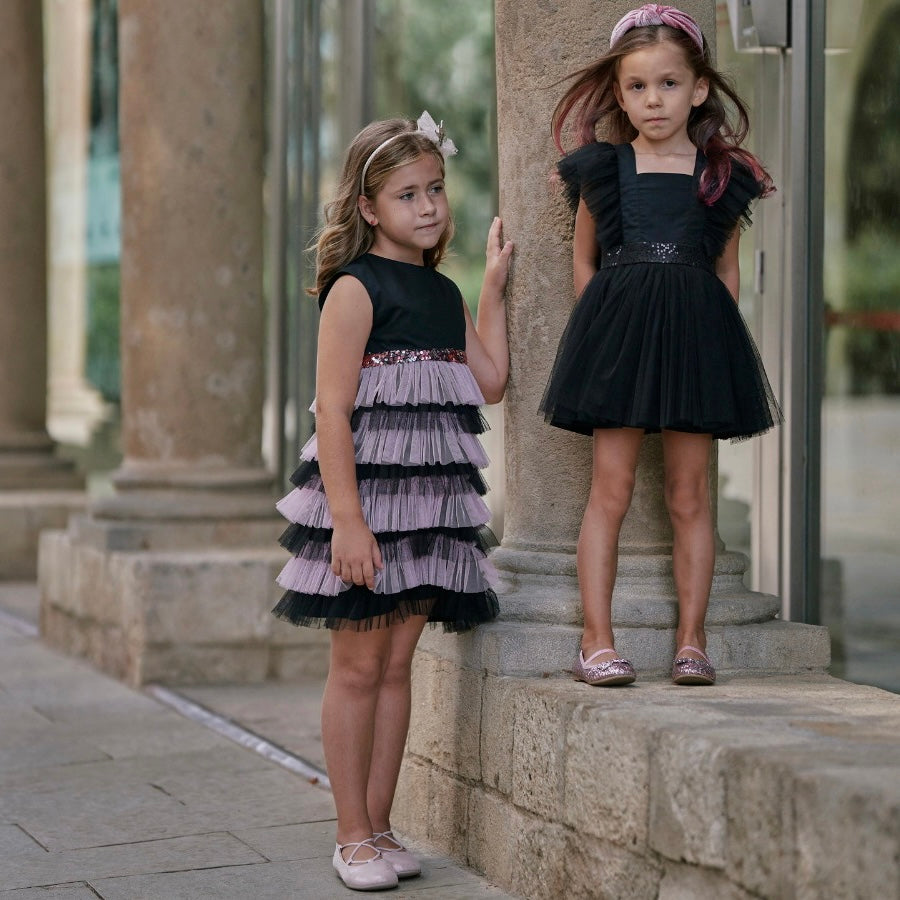 Ruffled Mesh Dress in Black