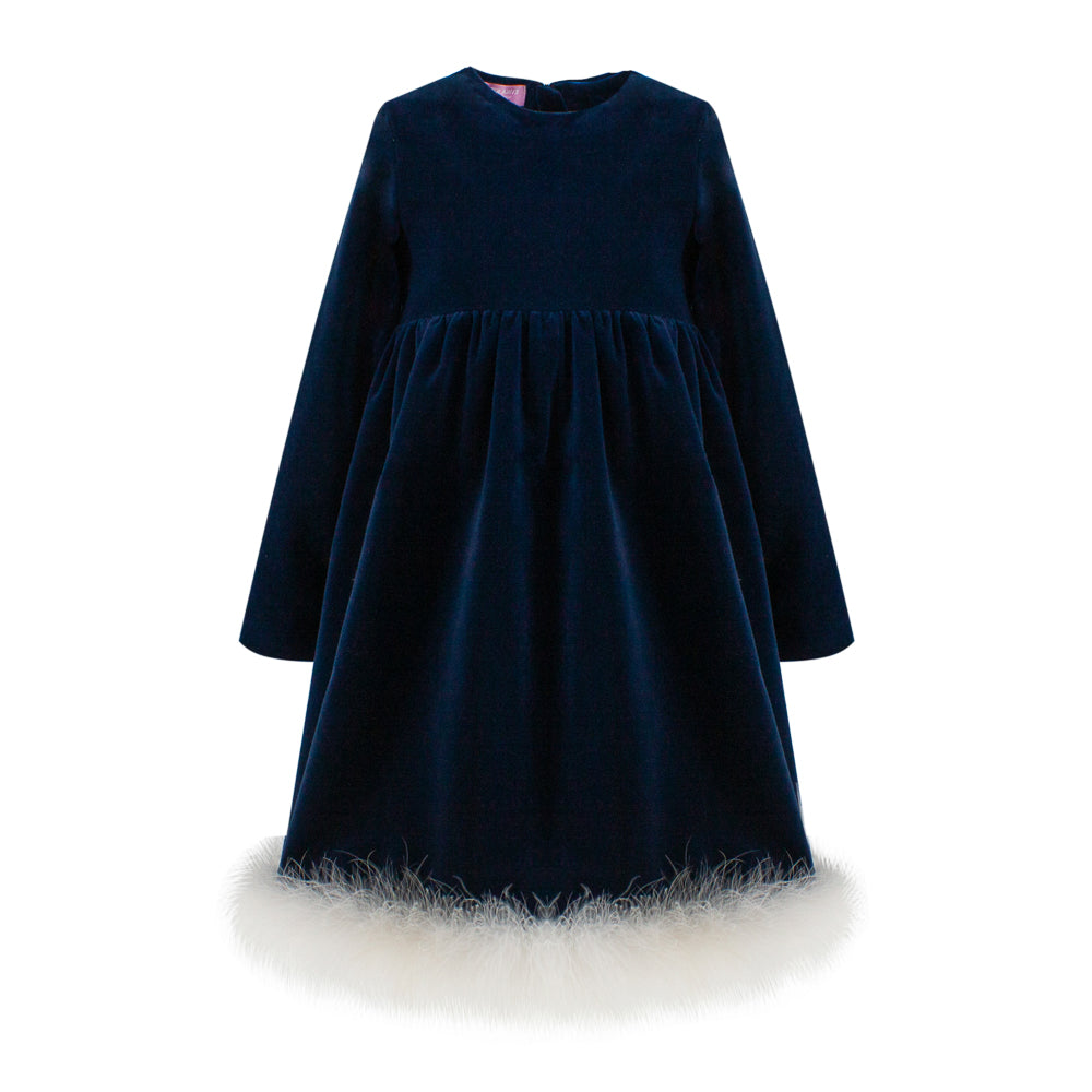 Marabou Fluff Trim Elegant Dress in Blue