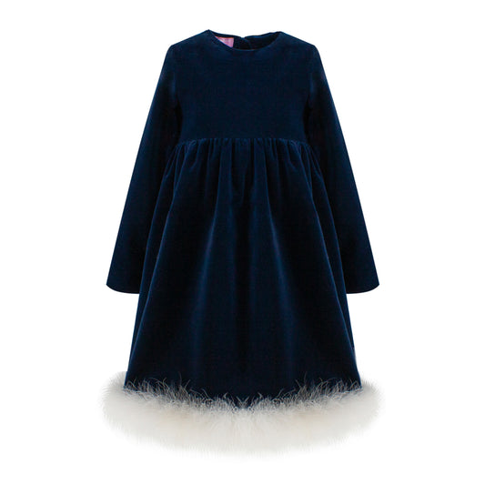 Marabou Fluff Trim Elegant Dress in Blue