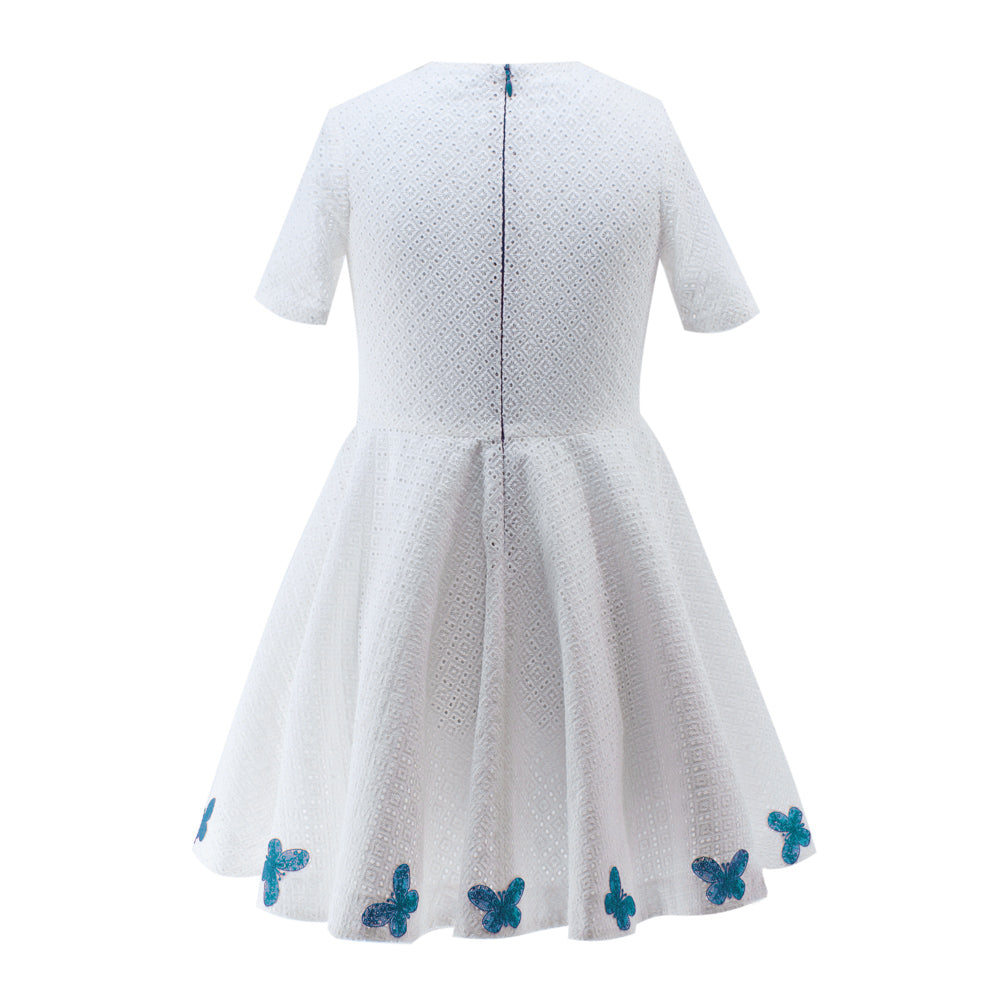 Turquoise Butterflies Perforated Dress in White