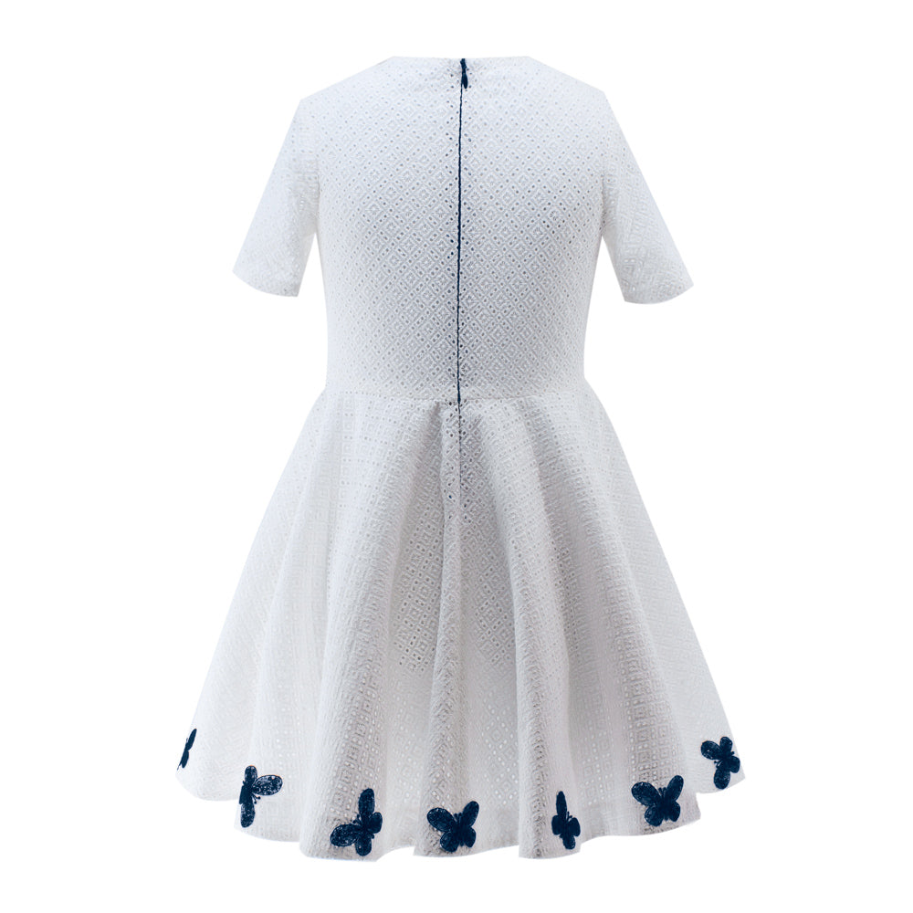Blue Butterflies Perforated Dress in White