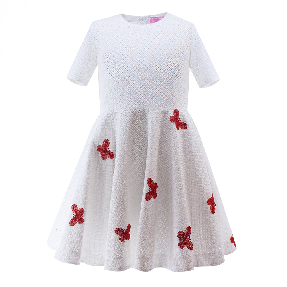 Red Butterflies Perforated Dress in White