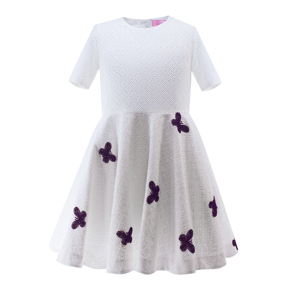 Purple Butterflies Perforated Dress in White