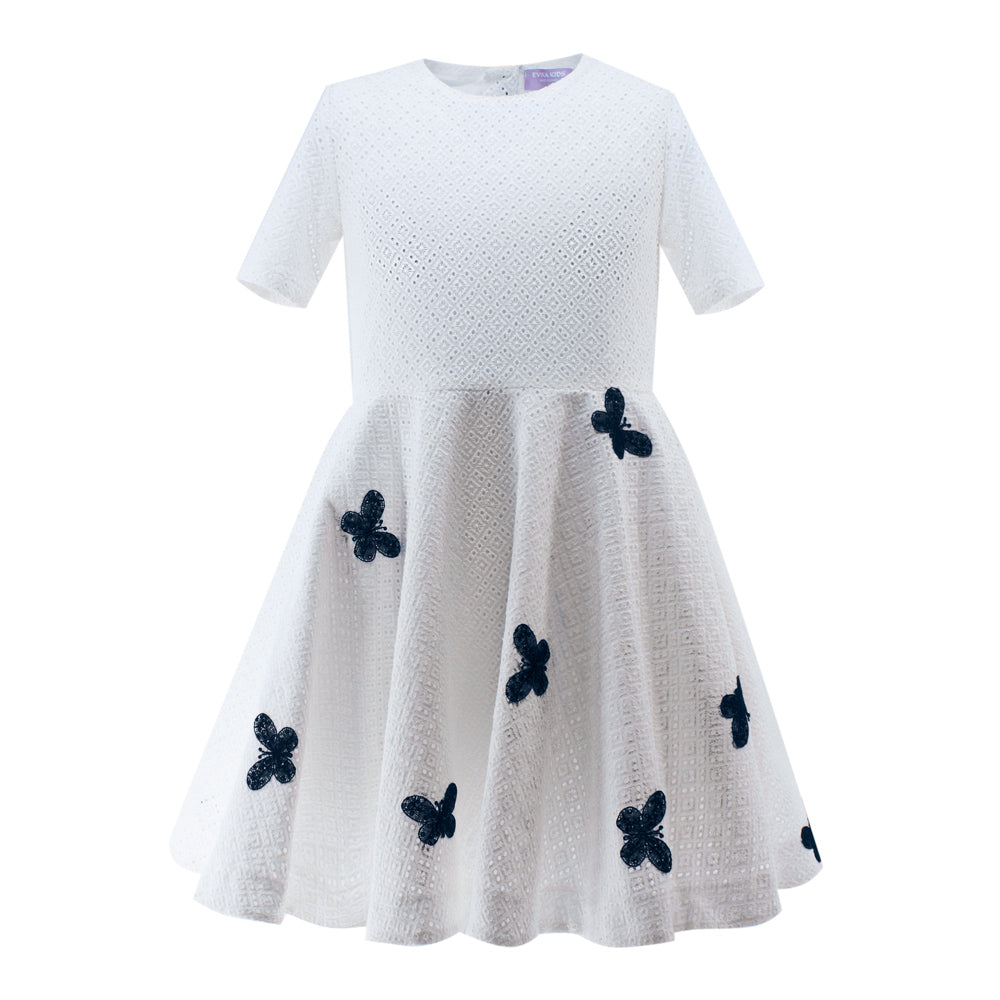 Blue Butterflies Perforated Dress in White