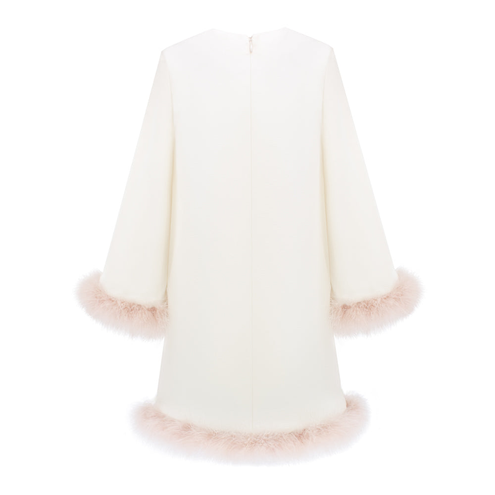 Marabou Fluff Trim Elegant Dress in White