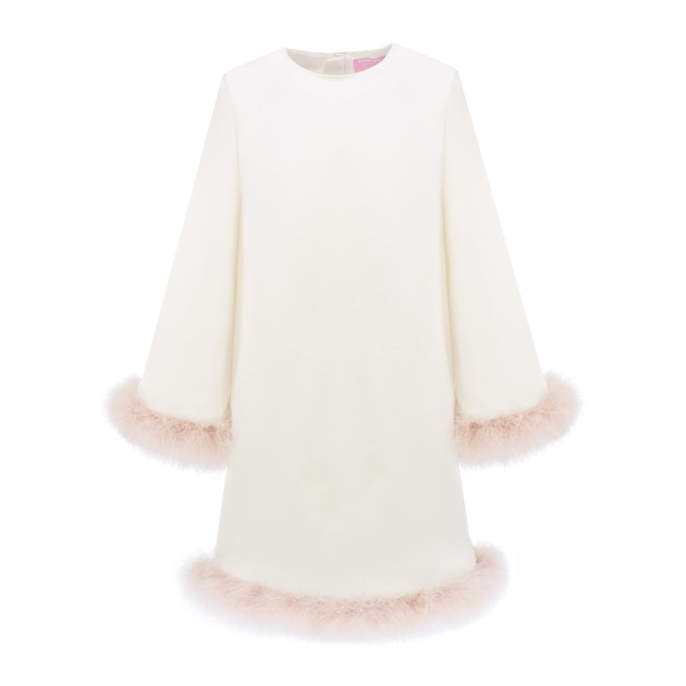 Marabou Fluff Trim Elegant Dress in White