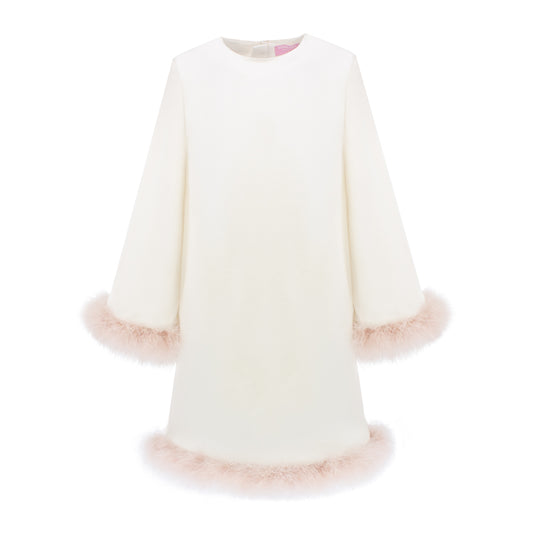 Marabou Fluff Trim Elegant Dress in White