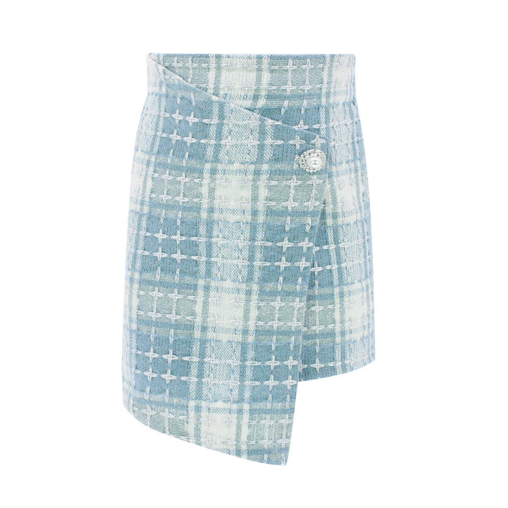 Shiny Detailing Tartan Skirt in Light Blue