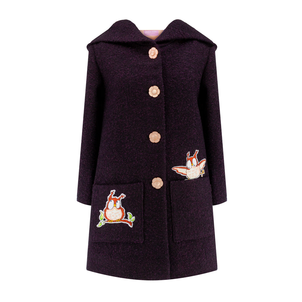 Pretty Owls Hooded Coat in Purple