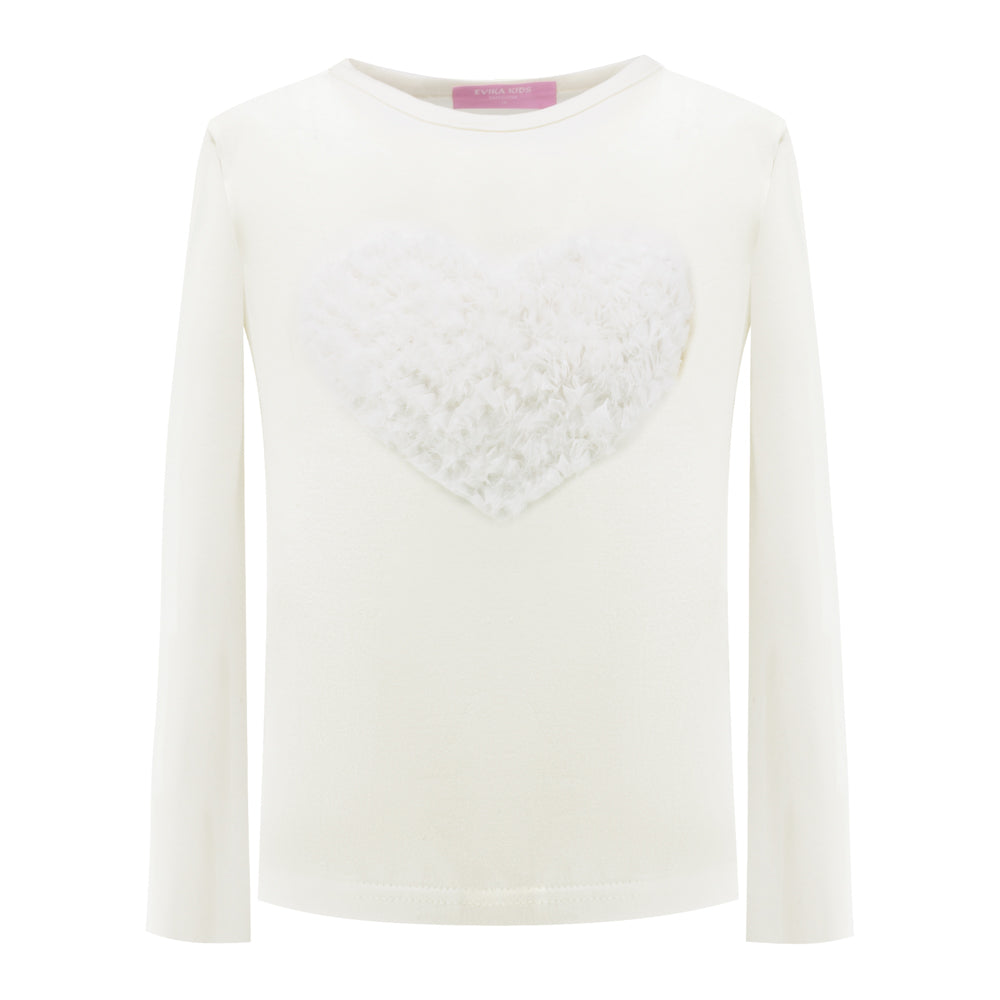 Fluffy Heart Long-Sleeved T-Shirt in White