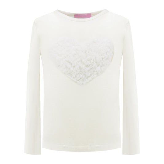 Fluffy Heart Long-Sleeved T-Shirt in White