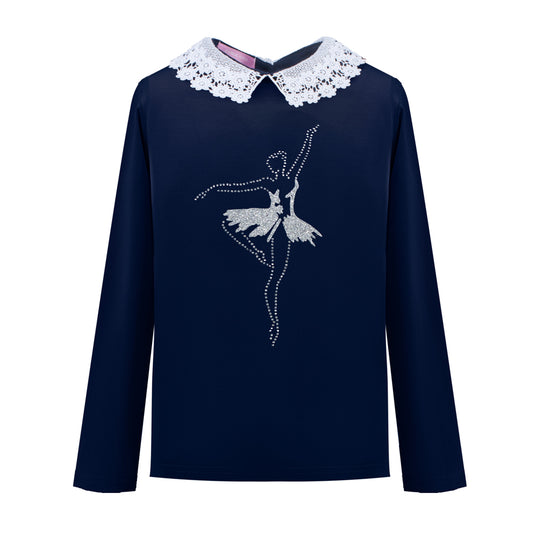 Eyelet Lace Collar Long Sleeve in Blue