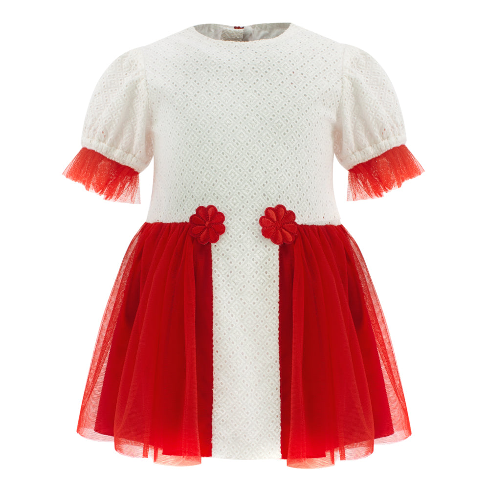 Flower Detailing Perforated Dress in White and Red