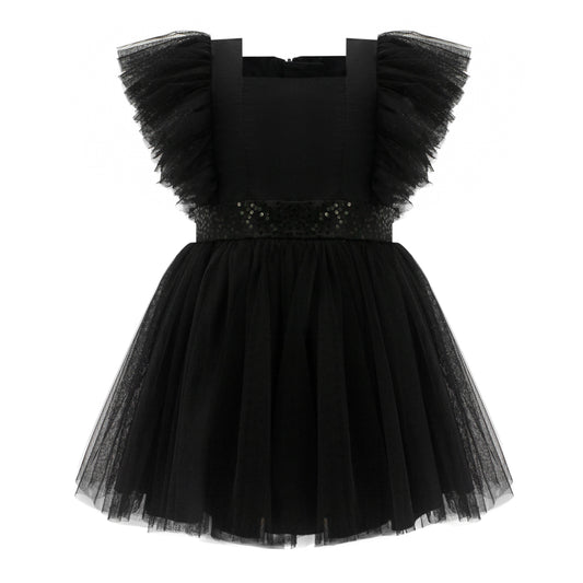 Ruffled Mesh Dress in Black