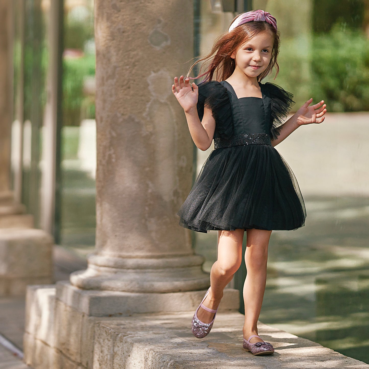 Ruffled Mesh Dress in Black