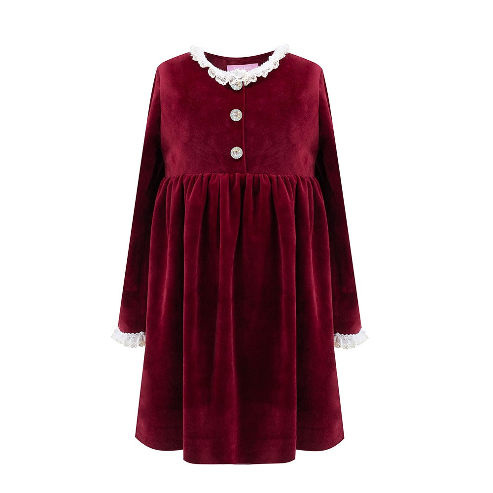 Lace Collar Velour Dress in Burgundy