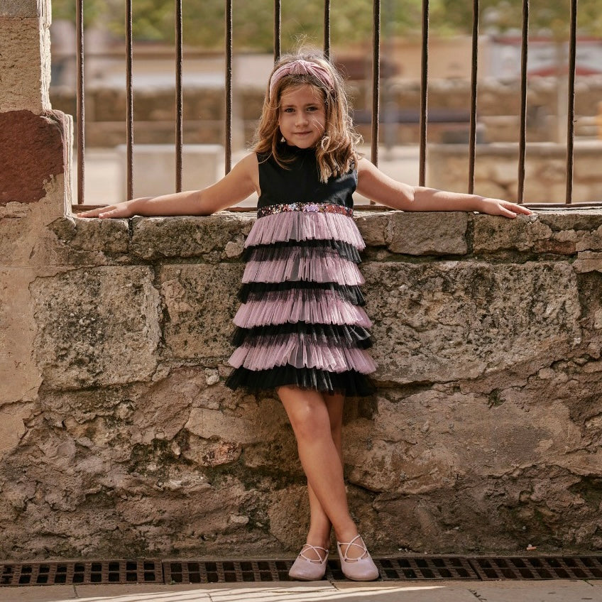 Ruffled Mesh Dress in Pink and Black